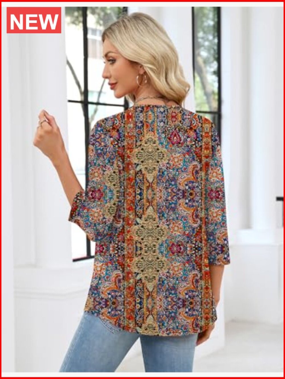 3/4 Length Sleeve Tunic Blouse Crew Neck Loose Fit Summer Casual Top - Picture 5 of 6